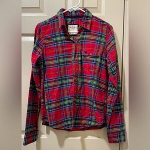Abercrombie & Fitch Red Plaid Flannel Shirt with Green and Blue Accents